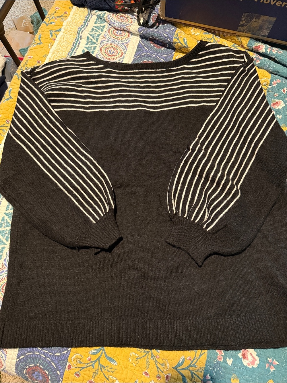 BloomChic Black and White Striped Boatneck Sweater, Balloon Sleeves